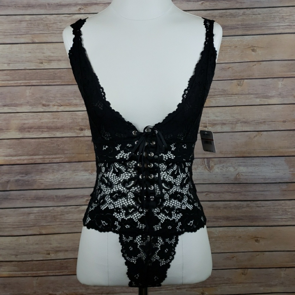 Black lace up lace one piece body suit teddy